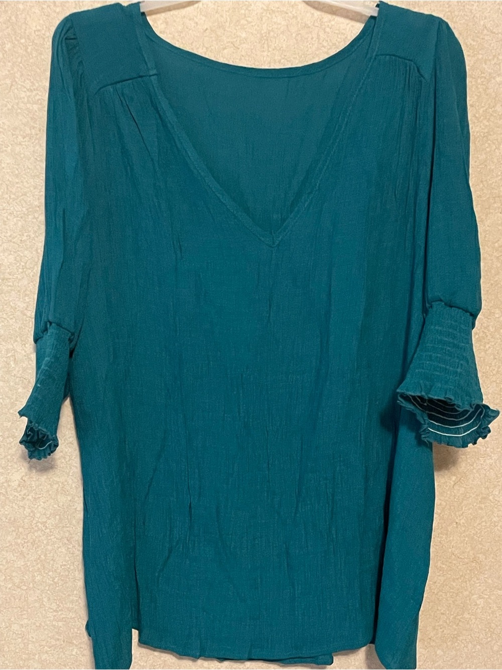 Teal V-Neck Women’s Blouse - Lightweight 3/4 Sleeve
